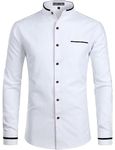 PARKLEES Mens Hipster Design Grandad Collar Oxford Shirt Slim Fit Long Sleeve Casual Button Down Dress Shirts with Pocket White XXL