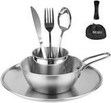 Camping Cutlery Set - ISFORU Stainless Steel Tableware Mess Kit Includes Plate Cup Fork Spoon, Flatware Kit with Mesh Bag - Dinnerware Utensils Set for Outdoor Camping Hiking and Picnic (for 1)