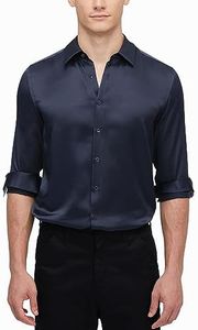 LilySilk Silk Mens Basic Shirt 100% Mulberry Silk Dress Shirt for Formal Casual Long Sleeves Versatile Navy Blue XL