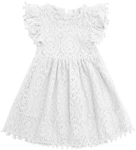 Cabahata Toddler Girls Lace Dress Pom Pom Ruffle Sleeve Kids Party Birthday Princess Dresses(White, Tag 110/3T)