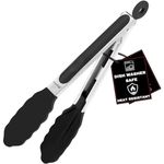 Kitchen Silicone Tongs 9 Inches | Stainless Steel Handle with Easy Grip and Smart Padlock System | Curved Silicone Tip for Strong Grip | Handy Tong for BBQ, Serving, Frying, and Cookin (Black).