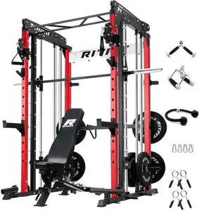 RitFit M1 Smith Machine with Cable Crossover System, Multi-Function Squat Rack Power Cage for Home Gym, Power Rack and Packages with Olympic Barbell Weight Set, Weight Bench, Olympic Bar and More