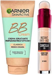 Garnier Skinactive BB Cream Crema Viso Idratante Perfezionatrice Tutto in 1 SPF25 Tonalità Medio-Chiara + Il Cancella Età Correttore Liquido Multiuso Colore 02 Nude con Applicatore a Spugnetta