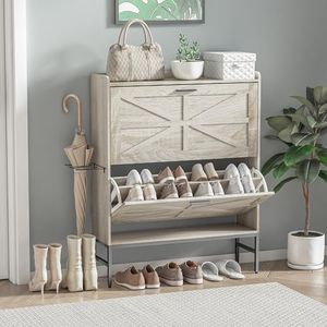 RKVPCNE Shoe Cabinet Storage for Entryway Shoe Cabinet with 2 Flip Drawers and 1 Boot Rack Flip Down Shoe Closet Shoe Rack Organizer for Foyer Hallway(Grey)