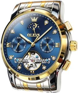 OLEVS Automatic Watches for Men Waterproof Luxury Dress Self Winding Mechanical Skeleton Tourbillon Moon Phase Stainless Steel Luminous Diamond Men's Wrist Watches Gift, Gold-blue, Modern