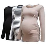 Bearsland Womens Maternity Long Sleeve Tshirt 3 Packs Classic Side Ruched Tee Top Mama Pregnancy Clothes,Black+Brown+witstripe,M