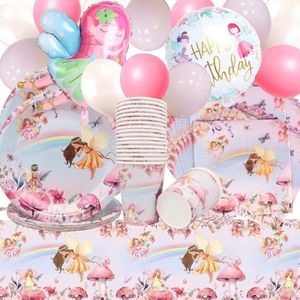 Doyomtoy Vajilla para Fiestas de Hadas,75 Piezas Vajilla Mariposa Decoracion de Cumpleaños de Niñas Hada Globos Platos Vasos Servilletas Manteles Decoracion de Fiestas de Hadas 20 Invitados