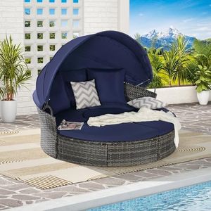Living Source International 5-Piece Outdoor Patio Daybed Set with Retractable Canopy, Wicker Conversation Furniture, Dark Blue Cushions, 71 x 65 inches