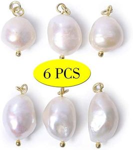 ALEXCRAFT Wholesale 6 PCS Baroque Pearl Charm White Freshwater Pearls Pendant Bulk for Jewelry Making, 14K Gold Plated
