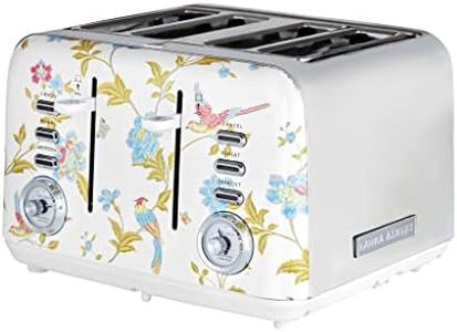 Laura Ashley Elveden White 4 Slice Toasters Wide Slots By VQ - Multi Functional 4 Slot Toaster Stainless Steel with 7 Variable Browning Control, Defrost & Reheat Mode - Bread Toaster with Warming Rack