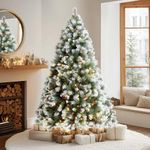 VeryMerry 6FT 'Claudia' Pre-Lit Christmas Tree with 300 Built-In Warm White LED Lights with Auto-Off Timer, 8 Lighting Modes, Decorative Pinecones and Berries