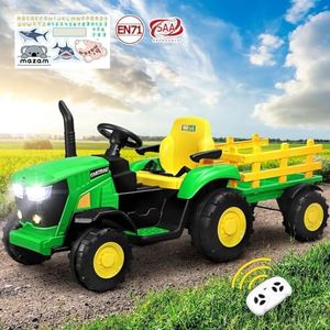 Mazam Ride on Car Toy Tractor with Trailer Kids Ride on Car with 12V Twin Motors, Seat Belt, 30kg Capacity and Headlight Reverse Light Built in Entertainment Suitable for 3-6 Years Green