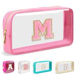 Iqimott Mini Clear Personalized Initial Makeup Bag, Nylon Preppy A-Z Chenille Letter Patch Zipper Cosmetic Bag, Small Cute Pouch Travel Coin Purse Toiletry Bag, Small-Pink, M