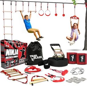Trailblaze Ninja Warrior Obstacle Course for Kids - 50ft Slackline with 8 Obstacles, Monkey Bars, Rope Ladder, Gym Rings & Much More - Backyard Ninja Course for Kids Outside Play Ages 5-12