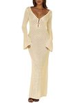 Saodimallsu Womens V Neck Crochet Maxi Dresses Bell Sleeve Bodycon Long Dress Hollow Out Summer Beach Vacation Cover Up, Off-white, X-Large