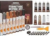 Katzco Total Furniture Repair Kit - Set of 34 - Resin Repair Wood Filler, Brushes, Markers with Plastic Scraper - for Stains, Scratches, Wood Floors, Tables, Desks, Carpenters, Bedposts