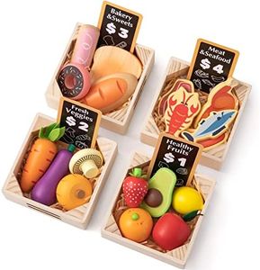 Wooden Play Food Sets for Kids Kitchen - 100% Wood 43 Pieces Kids Toy Food for Toddlers 3+ Year Old, Pretend Food Play Kitchen Accessories Set for Boys and Girls