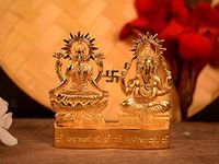 CraftVatika Metal Gold Plated Decorative Laxmi Ganesha Set Hindu Idols Ganesh Lakshmi Statue Home Office Car Dashboard Decor Pujan Puja