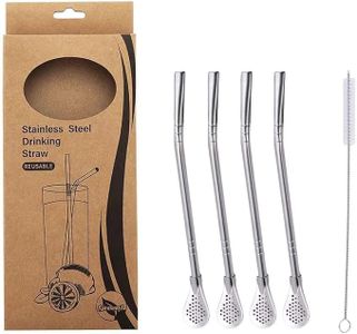 ZANZER 4pcs Spoon Straws Stainless Steel with Filter Spoon, Drinking Spoon Straws Reusable 304 Stainless Straws with Long Cleaning Brush,Reusable for Loose Tea, Coffee, Drinks,7.2" (4 Pack, Silver)