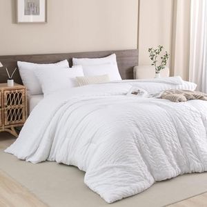 Andency White California King Comforter Set, 3 Pieces Bedding Comforter Sets (1 Seersucker Textured Comforter & 2 Pillowcases), Lightweight Microfiber Down Alternative Bed Set (104x96 inches)