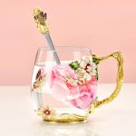 Wisolt Birthday Gifts for Women Teacher Christmas Gifts Flower Glass Tea Cup Gifts for Mum Wife Her Friend Anniversary Valentines Christmas Mothers Day Gifts Glass Coffee Cup Mugs with Spoon