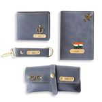 Thebaegift Personalised All in One Men's Combo Gift (4 pcs) Customized Leather Wallets, Key Chain, Eyewear Case and Passport Cover with Name | Best Gift for Brother, Husband, Boyfriend, Father (Grey)