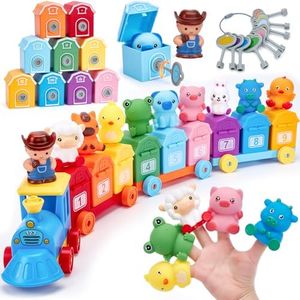 Toddler Learning Toys for 2 3 Year Old-Counting Matching & Sorting Activity Montessori Train Set with Farm Animals Finger Puppets Keys to Lock and Unlock Barn Birthday Gift for Boys Girls 2-5