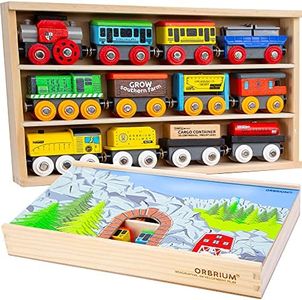 Orbrium Toys 12 (20 Pcs) Wooden Train Cars for Kids + Dual-use Wooden Box Cover/Tunnel Wooden Train Set Trains Toy Compatible with Thomas Wooden Railway, Thomas The Tank Engine, Brio