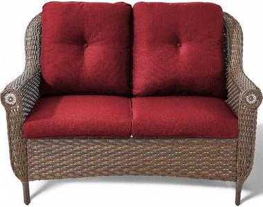 ACTREST Patio Loveseat Outdoor Wicker Sofa - Heavy Duty All-Weather Brown Rattan 2-Person Sofas with High Back and Comfortable Thick Cushions for Garden Back Porch Poolside Apartment - Red
