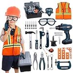 iBaseToy Kids Tool Box Set - 45 PCS Pretend Play Tool Toys for Toddler, Kids Electric Drill Tool Toys Kit with Working Overalls, Construction Tool Kit Playset Accessories Gift for Boys