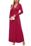 OUGES Women's Fall Casual V Neck Long Sleeve Wrap Ladies Maxi Long Winter Dress with Pockets(Wine,L)