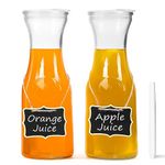 Winter Shore 1L Glass Carafe with Lids [2 Pack] - Glass Water Pitcher Set with Acrylic Covers, Chalkboard Tags & White Marker - Clear Food-Safe Juice Container for Mimosa Bar, Serving Beverages & Wine