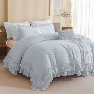 Masaca Shabby Ruffled King Comforter Set,Farmhouse Cornflower Blue Bedding Comforter Lightweight Ultra Soft Vintage Rustic Bedding 3pc (1 Ruffle Comforter and 2 Pillowcases)