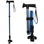 CaneCraft Folding Flex-Tip Cane for Men and Women with Soft Rubber T Handle - Free Standing Cane, 360 Pivoting Quad Base, Lightweight Height Adjustable Walking Stick for Seniors and Adults (Blue)