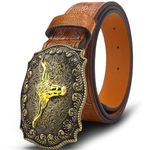 Oyifan Western Cowboy Cowgirl Leather Belt, Men's Longhorn Bull Floral Engraving, Women Brown Large Buckle Western Belt (M Fit Waist 30-34inch)