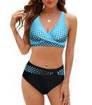 SEAFORM Womens Two Piece Swimsuits Wrap Front Bikini High Waisted Bottom Tummy Control Bathing Suits Vintage Print Swimwear, Blue Dot, X-Large