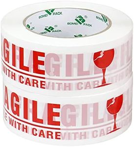 Fragile Tape Carton Box Packing Tape for Handle with Care Sealing and Shipping, White & Red, 2Rolls 48mm x 110Yards Per Roll, BOMEI PACK