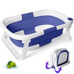 EzyWay Foldable Baby Bath Tub with Free Baby Bath Toy, Temperature Sensing Drain Plug, Bultin Anti-Slip Support Collapsible Tub for Infant Toddler Kids (Blue)