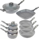 Salter Marblestone 8-Piece Pan Set – Non-Stick Pots & Pans Set, Induction Cookware Set, 16/18/20cm Saucepans, 20/24/28cm Frying Pans, Wok, Griddle Kitchen Pan, Healthier Frying & Cooking Set, Grey