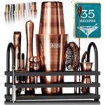 BARE BARREL® Cocktail Making Kit | 14-Piece Bartender Kit Cocktail Shaker Set Maker | Display Stand & 35 Recipe Cards | Mixology Cocktail Gift Set (800ml/28oz Boston Shaker, Copper/Black)