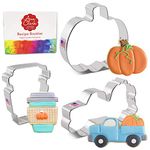 Ann Clark Cookie Cutters 3 Piece Fall Pumpkin Spice Set with Recipe Booklet, Pumpkin, Harvest Truck with Pumpkin and Latte Cup