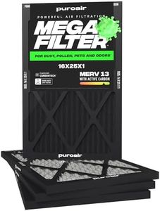 PuroAir MegaFilter - 16x25x1 Air Filter MERV 13 Activated CarbonTech Defense - Heavy Duty 3 Layer Furnace Filters Allergens, Pollen, Dust, Pet Dander, Smoke, Odors - HVAC Air Filter 16x25x1 (4-Pack)