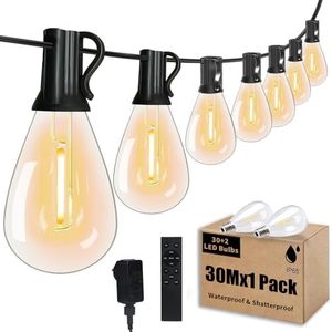 30M Waterproof Festoon Lights Outdoor with Remote,Dimmable, Timing, 100FT Shatterproof 30+2 LED Bulbs Warm White String Lights, 3 Light Modes Fairy Light for Patio,Pool,Backyard,Wedding Party