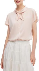 GOLEIA Women's Bow Tie Neck Shirt Short Sleeve Elegant Office Workwear Satin Blouse 22MM Mulberry Silk Dressy Casual Office Work Blouses Tops