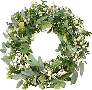 Vlorart Artificial Spring Summer Greenery Wreaths for Front Door Green Eucalyptus Leaf Wreath Decor Boxwood with Big Berries for Farmhouse Outside Year Round