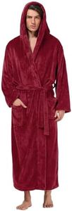 Men's Plush Hooded Bathrobe Winter Warm Fleece Robes Soft Flannel Long Robes with Pockets, Full Length, Wine Red, Large-X-Large