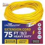 LifeSupplyUSA 75ft Yellow Power Extension Cord 16 Gauge Heavy Duty, Indoor & Outdoor, 3 Prong SJTW, Lighted, 10 AMP, 1250W, Durable & Flexible,for Work & Home Use-Outdoor Flat Extension Cord Grounded