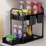 2 Tier Under Sink Storage,Under Sink Organiser with Bottom Sliding Basket Drawer,4 Hooks, 2 Hanging Cup, Handles,Multi-Purpose Under Sink Cabinet Organiser for Bathroom Kitchen Countertop,Black