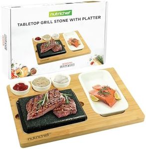 NutriChef Hot Stone Grill Plate - Table Grill Set with Bamboo and Ceramic Ideal for Steak and Dinner - Natural Granite Cooking Set - Serving Plate with Sauce Bowls