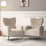 HULALA HOME Modern Wingback Velvet Accent Chairs Set of 2, Button Tufted Comfy Armchairs,Upholstered Sofa Chairs with Gold Legs, Fauteuil for Living Room & Bedroom, Tan